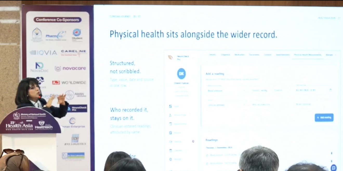 The NeuroCheck Pro platform shown on the conference screen during the talk